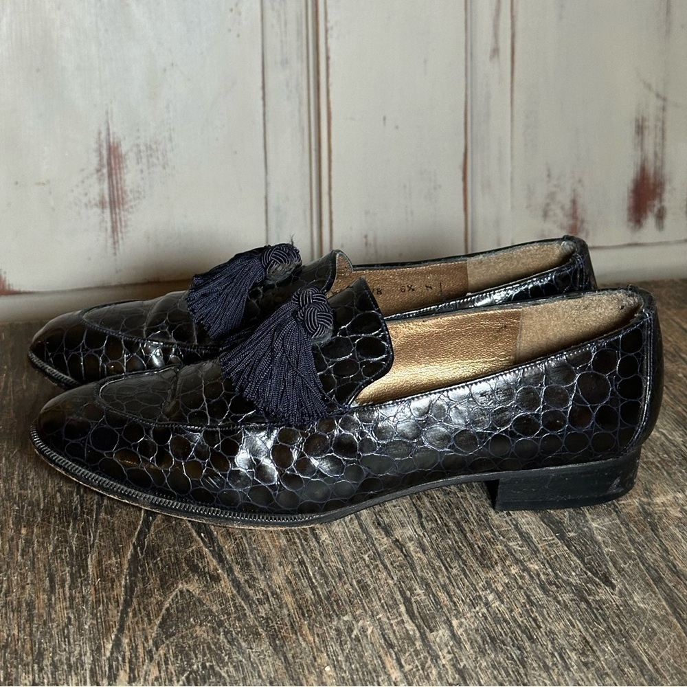 Stuart Weitzman Razmataz black Croc Leather Tassel Dress Loafers US Sz 6.5 M vtg